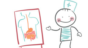 Illustrasjon av en sykepleier som forteller om tarmen.