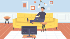 Illustrasjon av en mann som sitter foran TV-en og drikker kaffe.