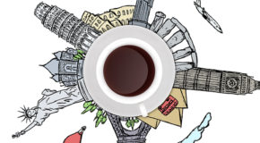 En kopp kaffe med tegninger rundt - av blant annet Stonehenge, Big Ben og Frihetsgudinnen