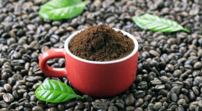 En kopp med malt kaffe står på en seng av kaffebønner.