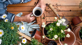 En eldre kvinne holder en kopp med svart kaffe på et bord som har en liten spade, jord og potteplanter
