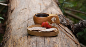En trekopp med kaffe står på en falt trestamme i skogen, ved siden av en matboks med flatbrød og jordbær
