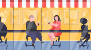 En illustrasjon av to overvektige mennesker som sitter på en kafé og drikker kaffe