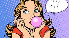 Illustrasjon av en blond kvinne som blåser boble med en tyggis