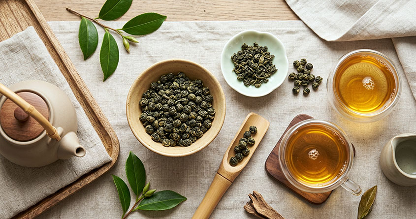 Oolong-te ligger i et par skåler og en treskje ved siden av et glass med brygget oolong-te
