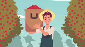 Illustrasjon av en kaffebonde som bærer kaffebær i en kurv
