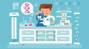 Illustrasjon av en forsker på et laboratorium som forsker på genetikk