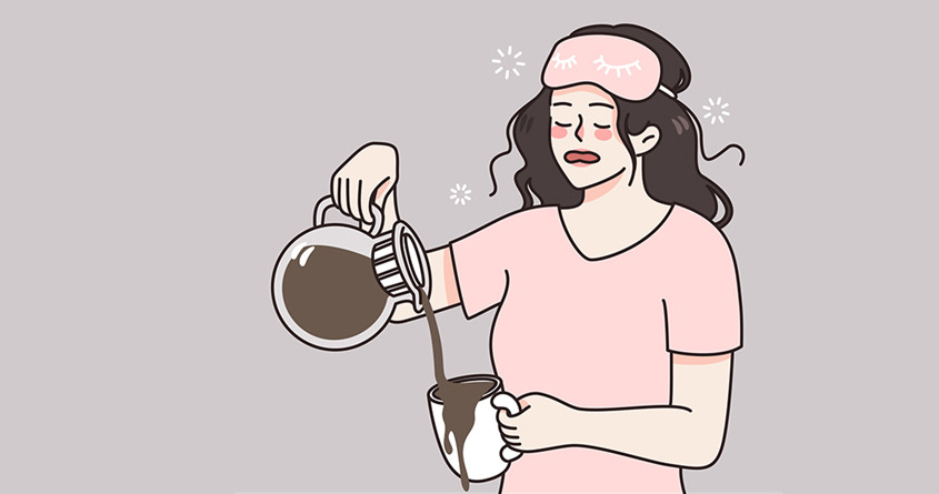 Illustrasjon av en trøtt kvinne som heller kaffe i en kopp slik at det renner over