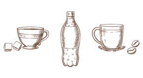 Illustrasjon av en kopp te, en brusflaske og en kopp kaffe