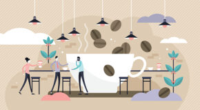 Illustrasjon av en stor kaffekopp med kaffebønner som renner over