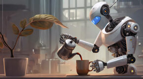 En humanoid robot heller kaffe fra en kanne oppi en kaffekopp