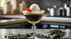 Et glass med kaffe og iskrem står på en kjøkkenbenk