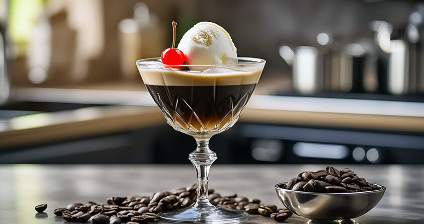 Et glass med kaffe og iskrem står på en kjøkkenbenk