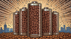 Illustrasjon av batterier som er laget av kaffebønner