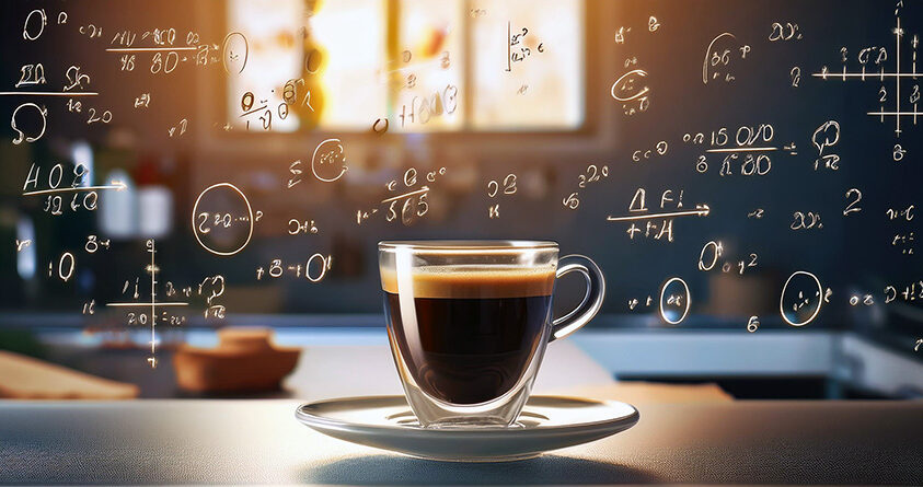 En demitasse med espresso står på en kjøkkenbenk med matematiske formler i lufta rundt den