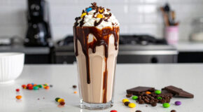 Et glass med Non Stop-milkshake med kaffe står på en kjøkkenbenk