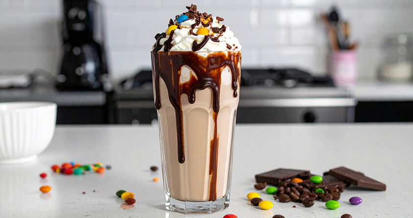 Et glass med Non Stop-milkshake med kaffe står på en kjøkkenbenk