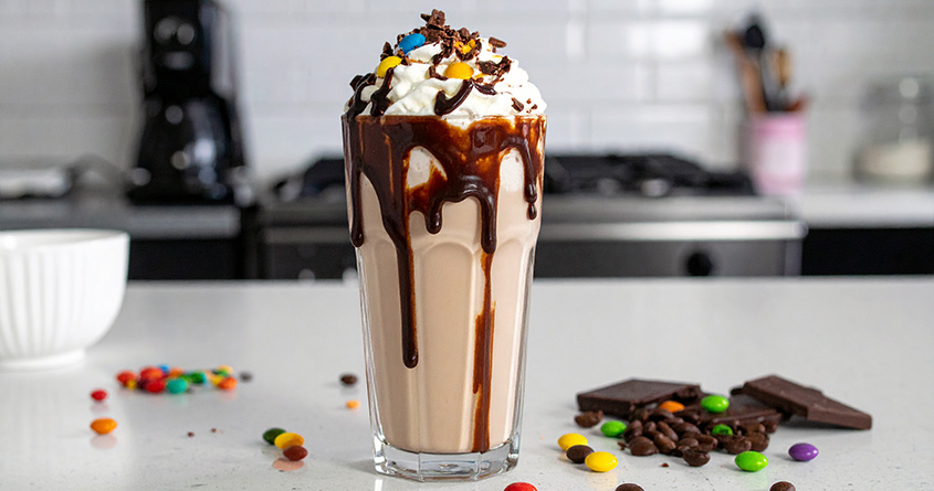 Et glass med Non Stop-milkshake med kaffe står på en kjøkkenbenk