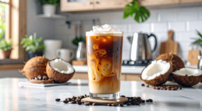 Et glass med cloud coffee står på en kjøkkenbenk
