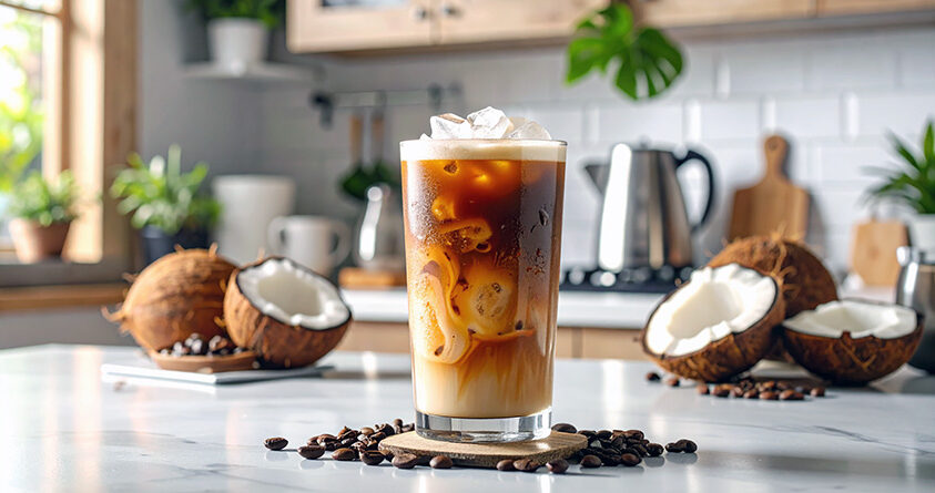 Et glass med cloud coffee står på en kjøkkenbenk
