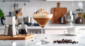 Et martiniglass med espresso martini-slush står på en kjøkkenbenk