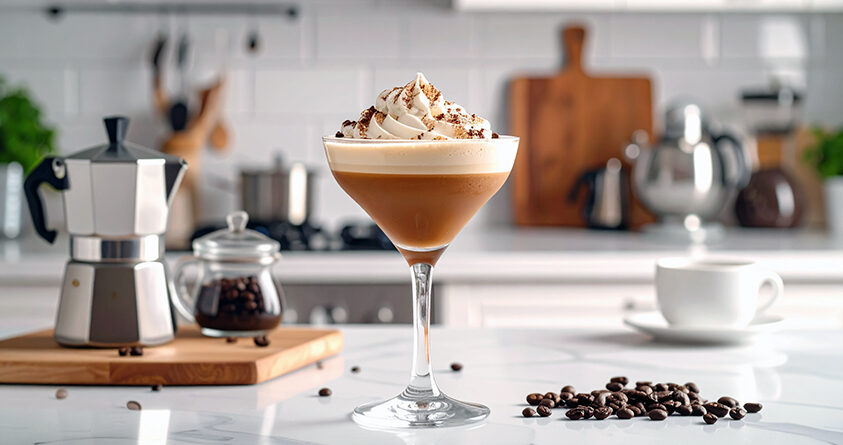 Et martiniglass med espresso martini-slush står på en kjøkkenbenk