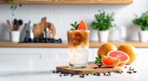 Et glass med kaffe tonic står på en skjærefjøla på en benk