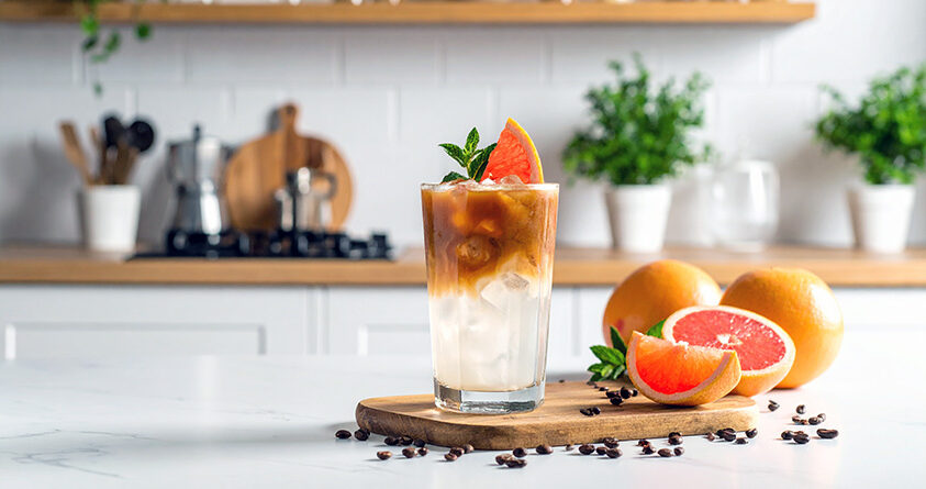 Et glass med kaffe tonic står på en skjærefjøla på en benk