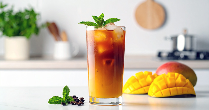 Et glass med espresso tonic med mango står på en kjøkkenbenk