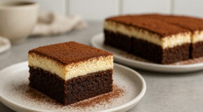 Et kakestykke med tiramisu-brownie står på en hvit tallerken