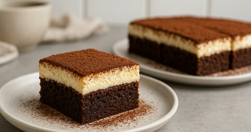 Et kakestykke med tiramisu-brownie står på en hvit tallerken