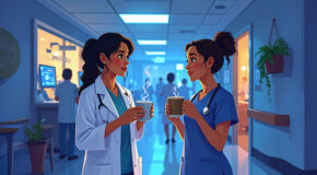 En doktor og en sykepleier drikker kaffe og snakker sammen midt på natten på jobb på sykehuset