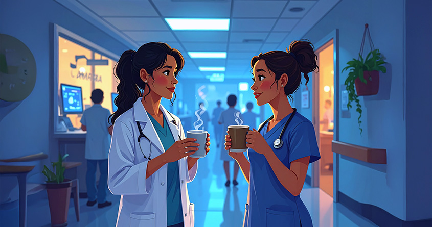 En doktor og en sykepleier drikker kaffe og snakker sammen midt på natten på jobb på sykehuset