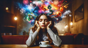 En kvinne sitter med en kopp kaffe og har intense drømmer