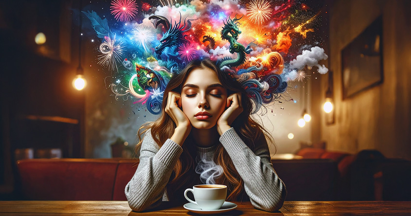 En kvinne sitter med en kopp kaffe og har intense drømmer