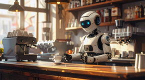 En robotbarista lager kaffe på en kaffebar