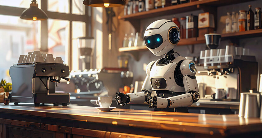 En robotbarista lager kaffe på en kaffebar