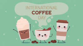 Illustrasjon av tre smilende kaffekopper