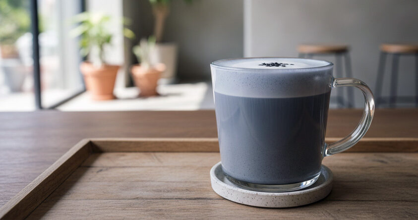 En kopp med svart sesamlatte står på et serveringsbrett av tre