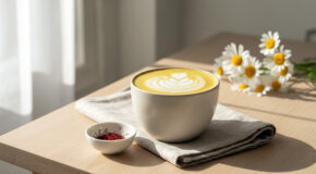 En safranlatte står på et bord sammen med en blomsterbukett