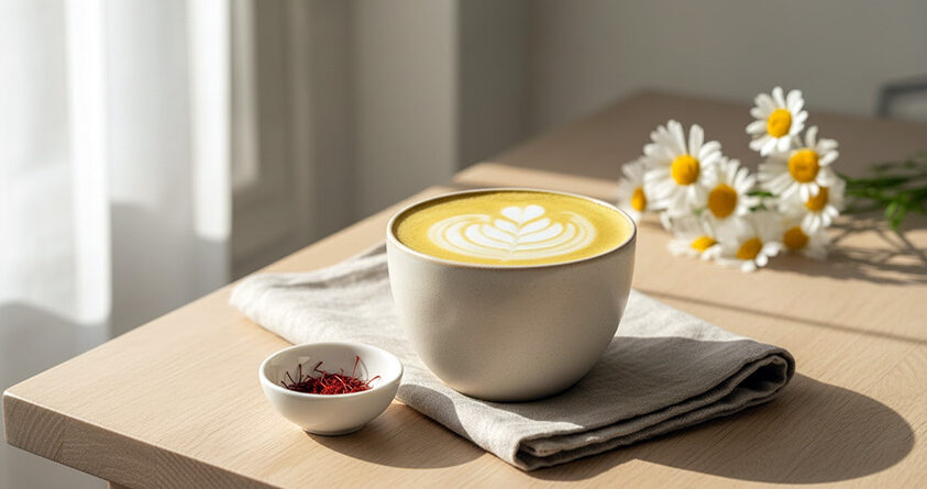 En safranlatte står på et bord sammen med en blomsterbukett