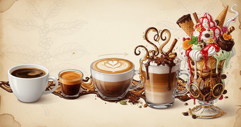 Illustrasjon av evolusjonen fra enkel svart kaffe til overdådig kaffedrikk