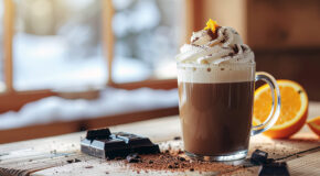 En kopp med påskemocca står på en benk foran et vindu