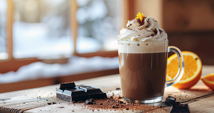 En kopp med påskemocca står på en benk foran et vindu