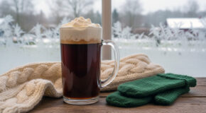 Et glass med Pharisäer Kaffee står på et bord ved siden av et skjerf og et par votter