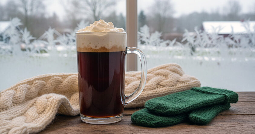 Et glass med Pharisäer Kaffee står på et bord ved siden av et skjerf og et par votter