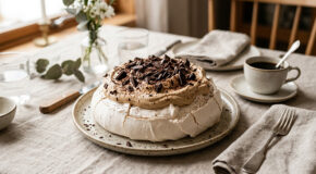 En pavlova med kaffekrem og mørk sjokolade står servert på et bord