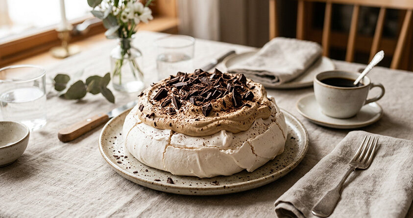 En pavlova med kaffekrem og mørk sjokolade står servert på et bord