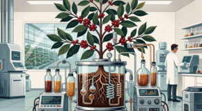 Illustrasjon av et kaffetre som dyrkes i et laboratorium