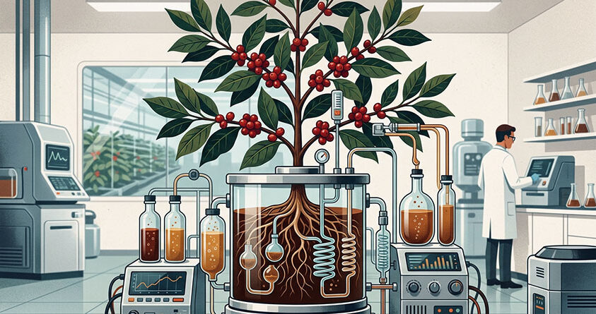 Illustrasjon av et kaffetre som dyrkes i et laboratorium